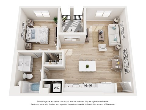 A 3D floor plan of a house with a living room, kitchen, and two bedrooms.